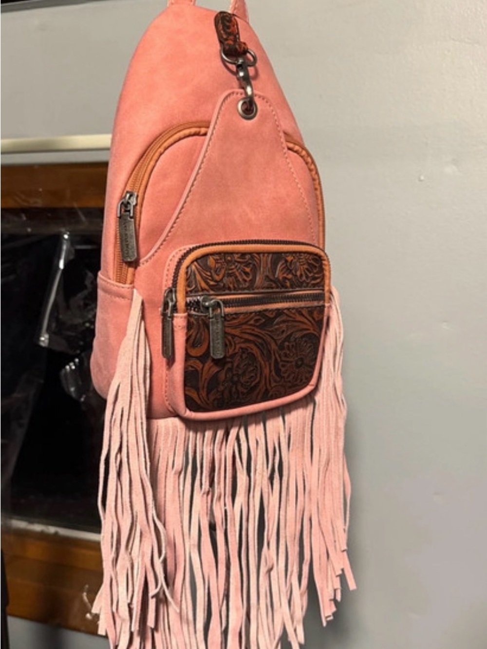Montana West Pink Suede Fringe Crossbody with Tooled Brown Leather Pocket - Picture 2 of 5